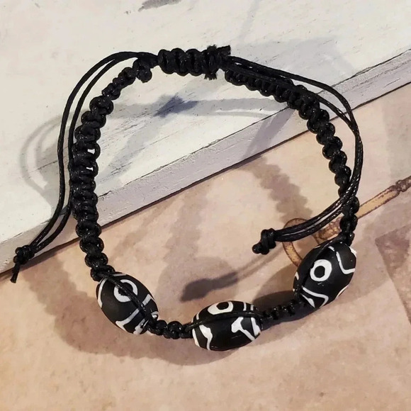 Tibetan Black White Dzi Glass Beads Macrame Adjustable Unisex Boho Ethnic Bracel - Picture 3 of 7